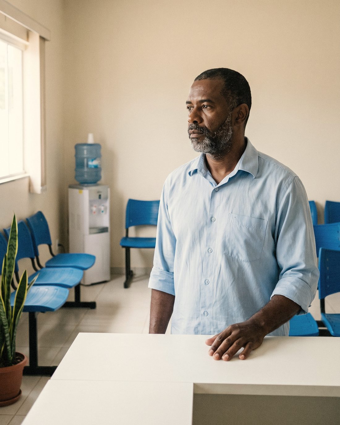 Dono de clínica em pé na sala de espera, com as cadeiras vazias
