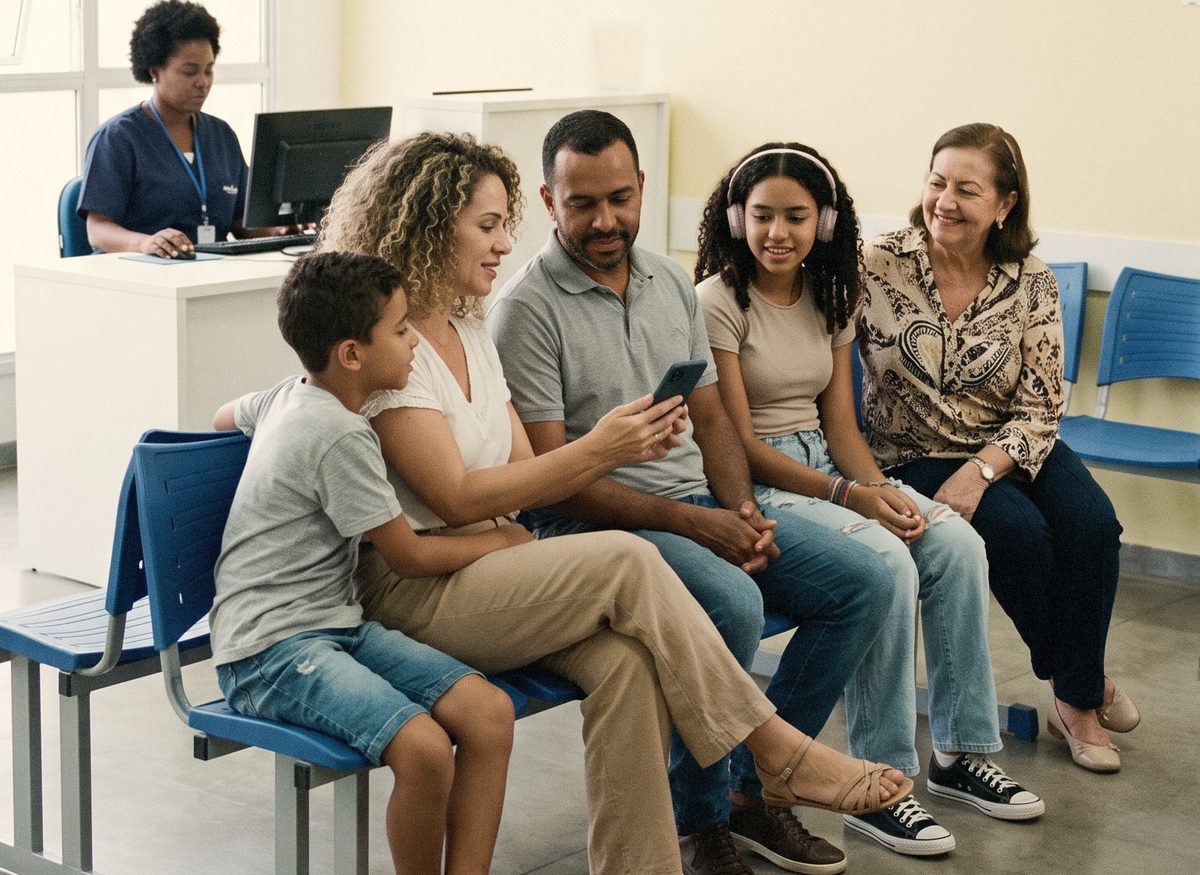 Família de cinco pessoas na sala de espera da clínica, olhando o celular da mãe