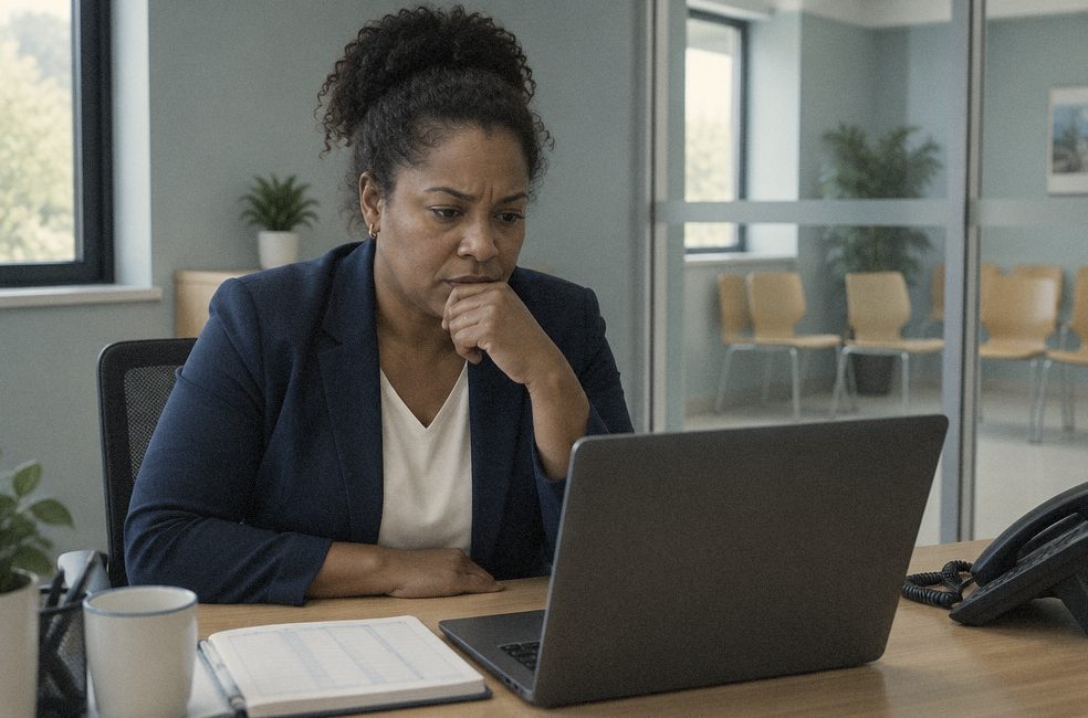 Gestora de clínica analisa números no notebook, no escritório ao lado da sala de espera